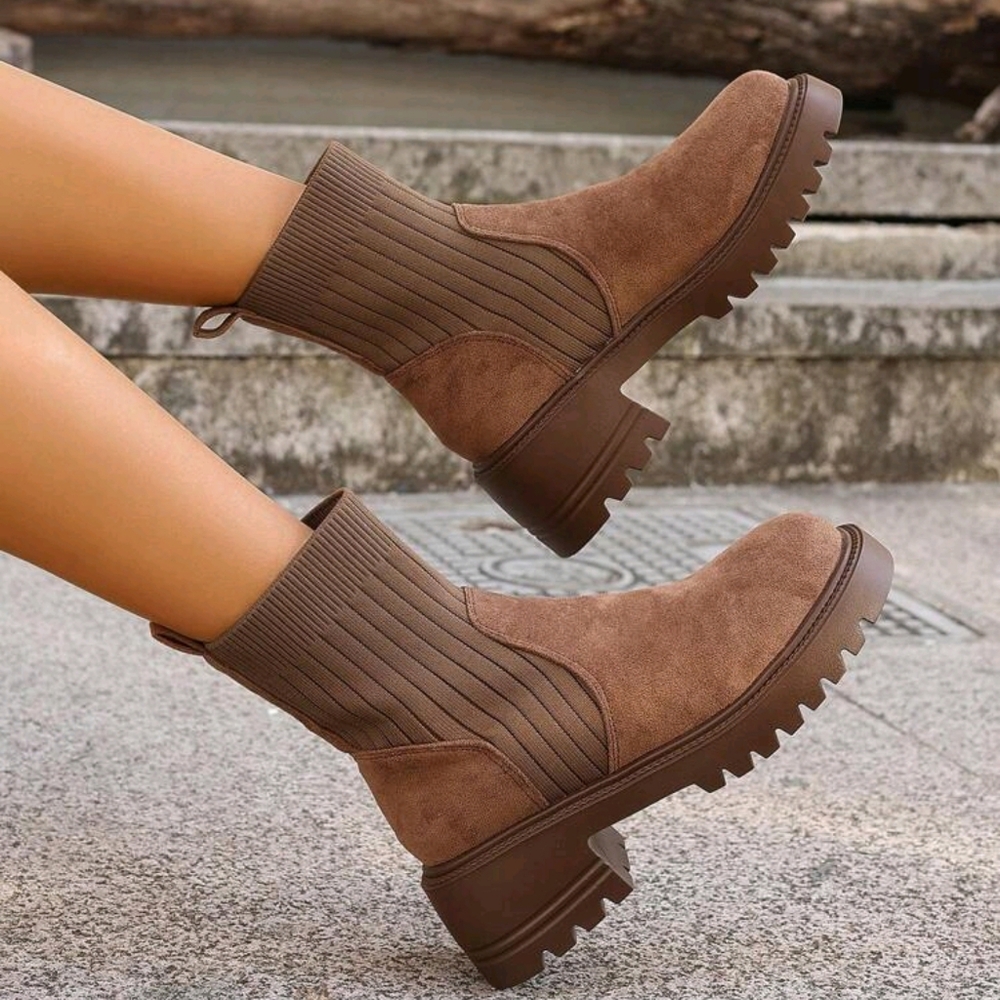 Women's Brown Thick-Sole Suede Patchwork Chelsea Boots With Elastic, - Picture 5 of 6